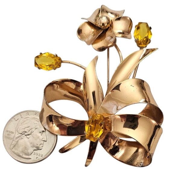 Sterling By Jordan Uranium Glass Rhinestone Flower Brooch Gold Vermeil Pin, L957 - Picture 9 of 11